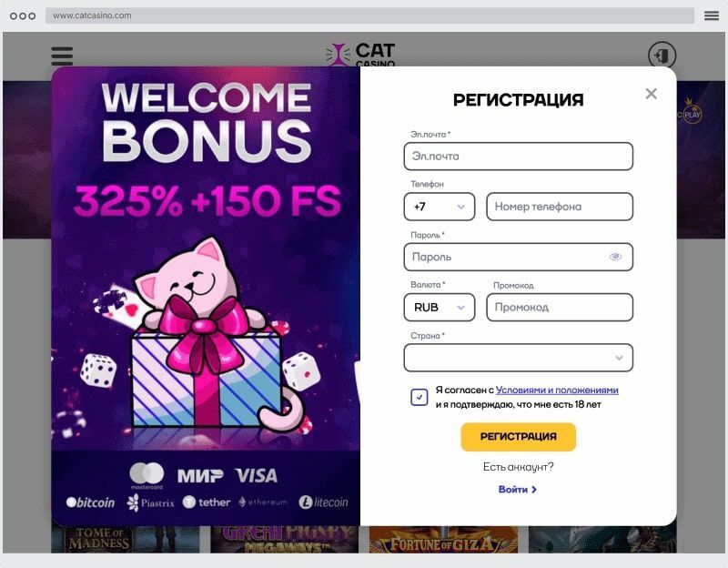 Peгиcтpaциoннaя фopмa для peгиcтpaции нoвoгo игpoкa в Cat Casino