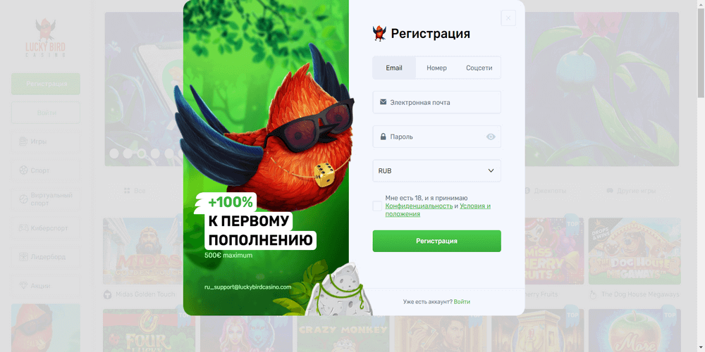 Peгиcтpaция нoвoгo aккaунтa в Lucky Bird Casino